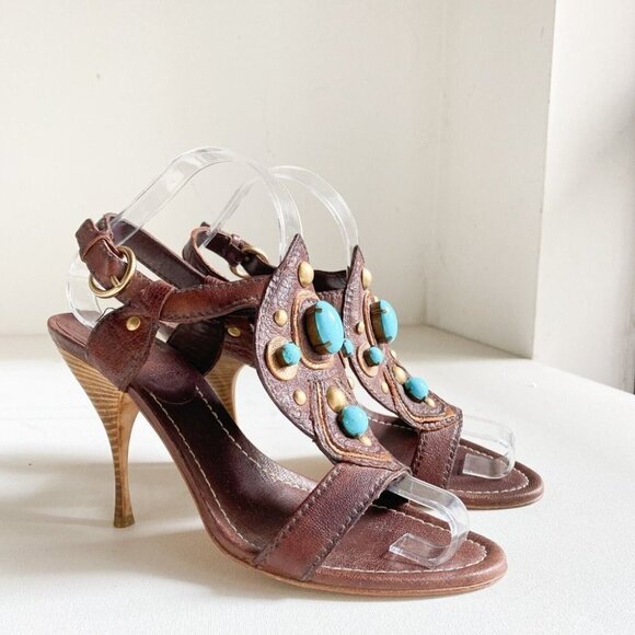 Miu Miu Shoes - MIU MIU Brown Leather  Faux Turquoise High Heel Sandals 38.5